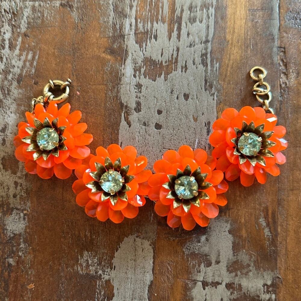J.Crew Zinnia Neon Orange/ Cantaloupe Floral Bead and Crystal Bracelet VTG